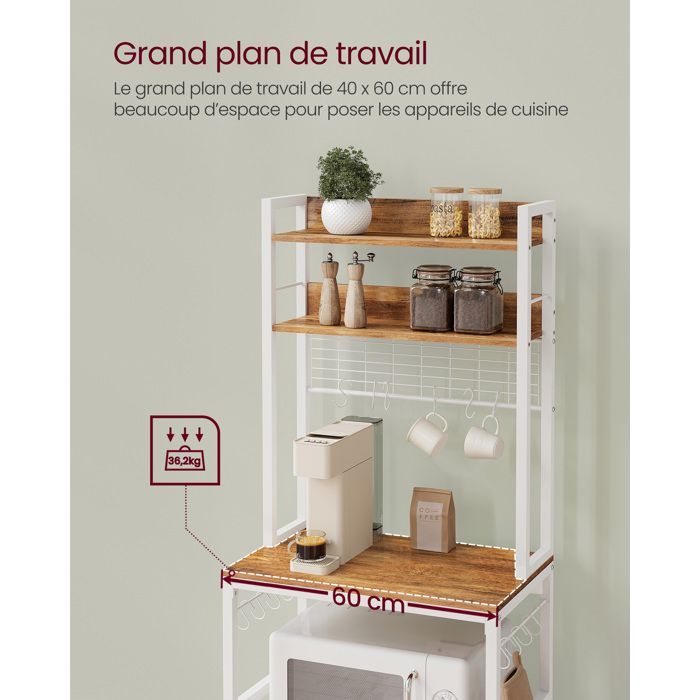 Carrito de cocina con regleta, 40 x 60 x 170 cm, color avellana claro y blanco.