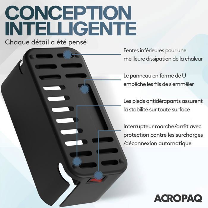 ACROPAQ Cable management box compatible with France - power strip cover with integrated power strip - USB-A and USB-C - Cable storage - 2500W