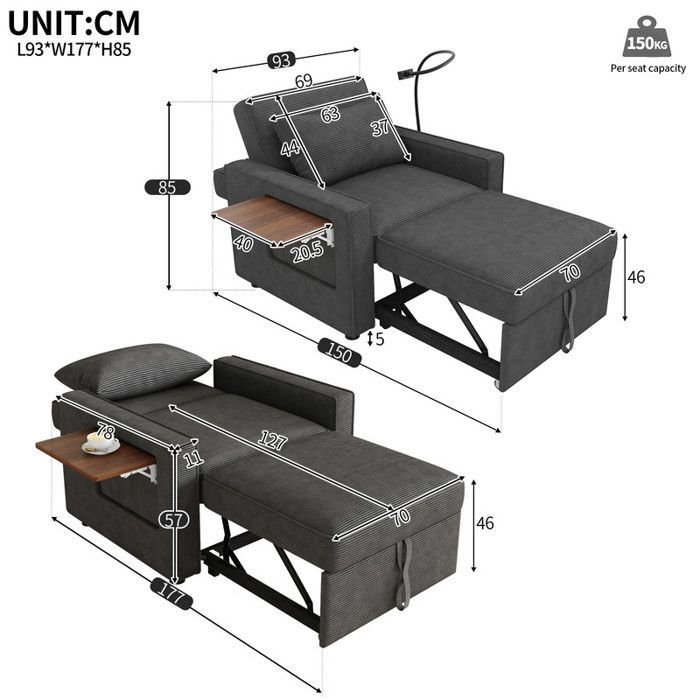 Einzelschlafsofa – USB-Anschluss und Handyhalterung – Liegefunktion – Cord – Grau – 93 x 150 x 85 cm