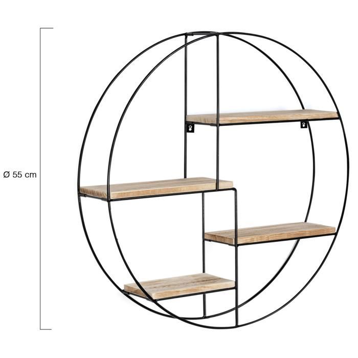 IDMARKET LILY Ronde wandplank, 4 lagen, hout en metaal, industrieel design