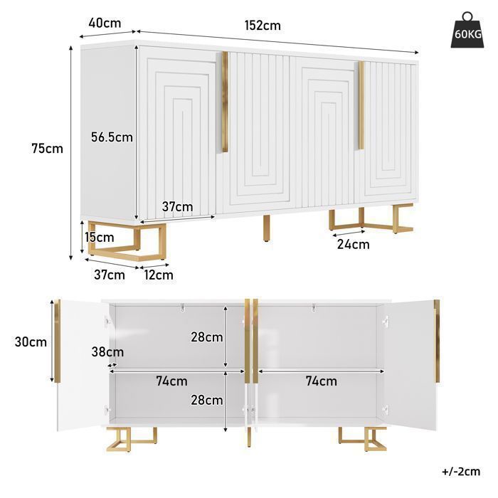 Buffet Salle à Manger 152cm - 2 Portes et 4 Casiers de Rangement - Anti-Basculement - Design Géométrique 3D - Buffet Salon Blanc