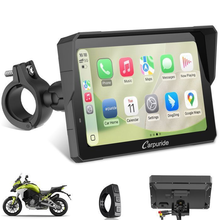 Autoradio GPS per moto CARPURIDE W702SPRO con schermo CarPlay e supporto BM05 per Plug-and-Play, CarPlay e Android Auto, con controller cablato.