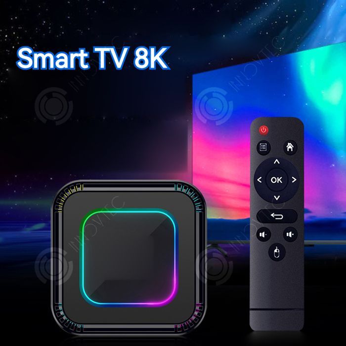Decodificador INN de 2 GB + 16 GB con Wi-Fi dual y reproductor Bluetooth, incluye luces RGB, salida 4K Ultra HD y Android 13.