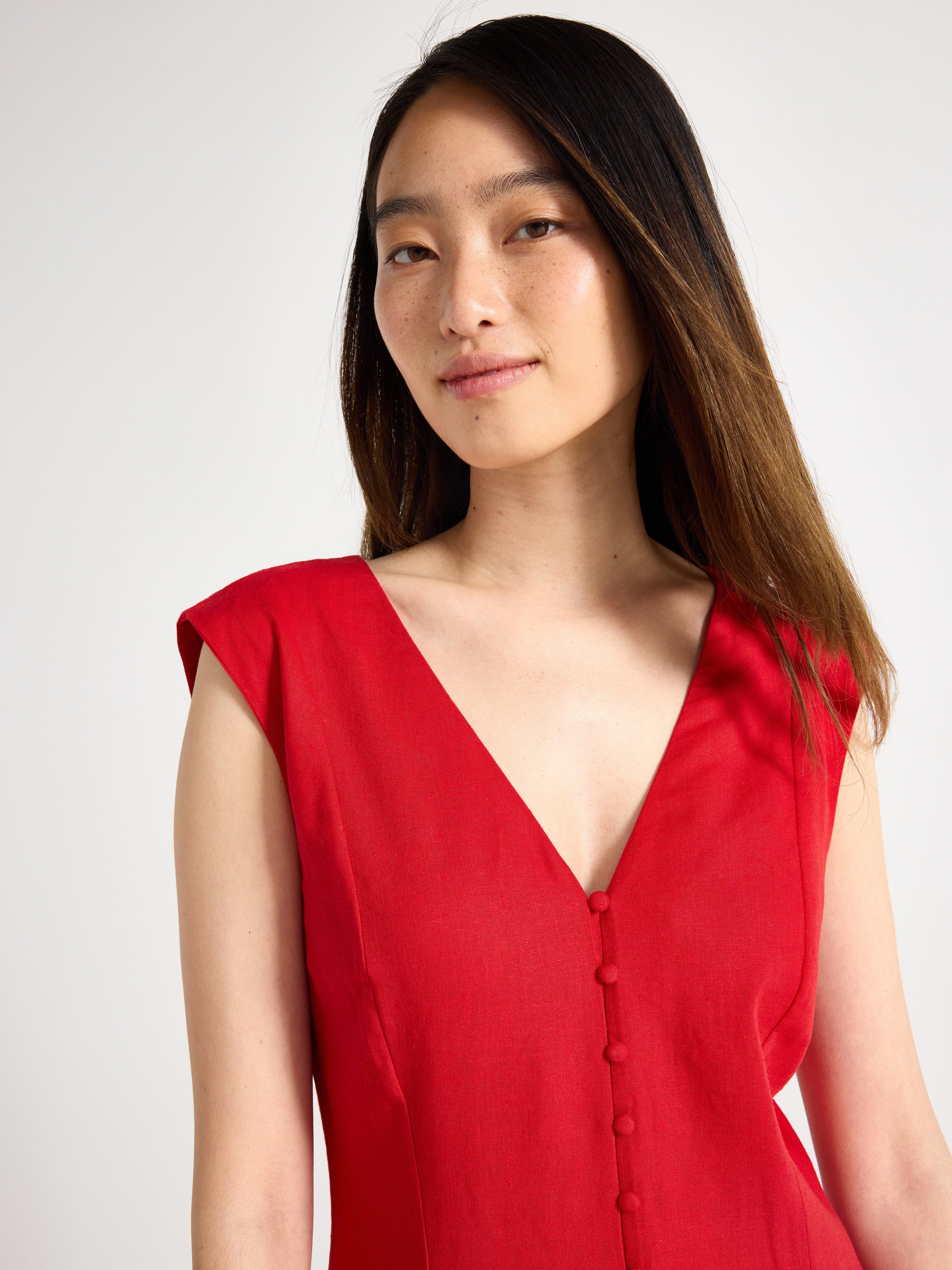 Vestido midi de mezcla de lino rojo oscuro