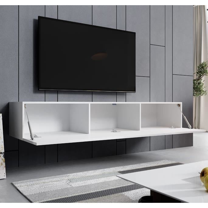 Mueble de TV mural para salón - 1 puerta con 3 compartimentos - Blanco - Ancho 180 x Profundidad 30 x Alto 40 cm - Modelo Aitana M2