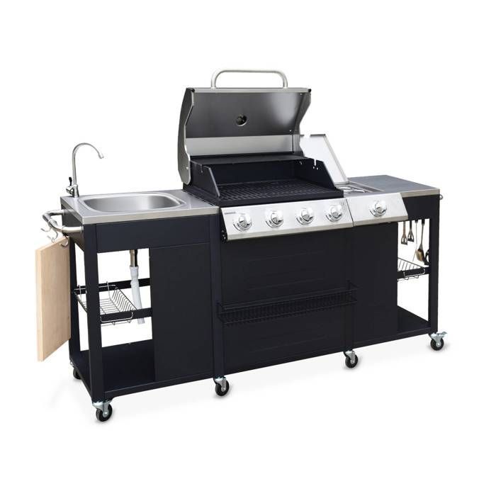 Barbacoa de gas con 4 quemadores + 1 quemador lateral, cocina exterior con fregadero y tapa, modelo D'ARTAGNAN con tapa.