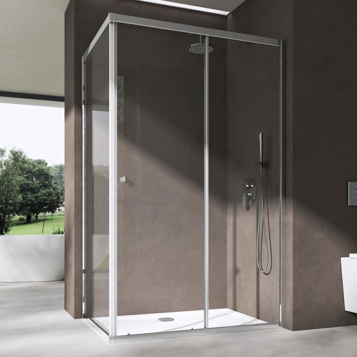 Mampara de ducha de esquina doporro con puerta corredera y plato de ducha, cristal de seguridad transparente, 80x120 cm, Ravenna16L-K