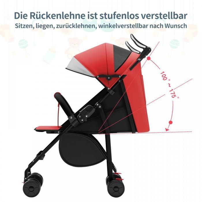 XUANYU Stroller - Up to 22 kg, Reclining, Foldable with Cup Holder, Rain Cover, XL Shopping Basket - Red