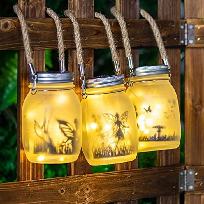 Set van 2 buitenlantaarns op zonne-energie - Decoratieve Mason Jar-lamp op zonne-energie voor feesten, tuinen en buitendecoratie (warm wit)