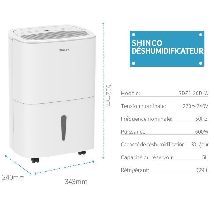 Shinco WIFI Déshumidificateur 30L-Jour, Purificateur d'air, Filter à Charbon Actif, Drainage Continu, Fonction Sèche-Linge, Blanc
