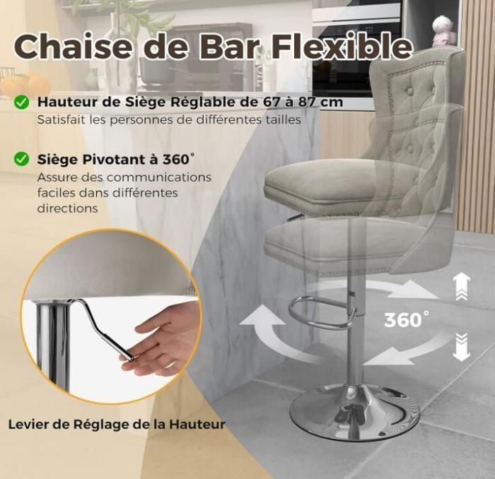 Conjunto de 2 banquetas de bar - RELAX4LIFE - Altura ajustável de 67 a 87 cm - Giro de 360° - Estofamento em veludo - Base de metal - Cinza