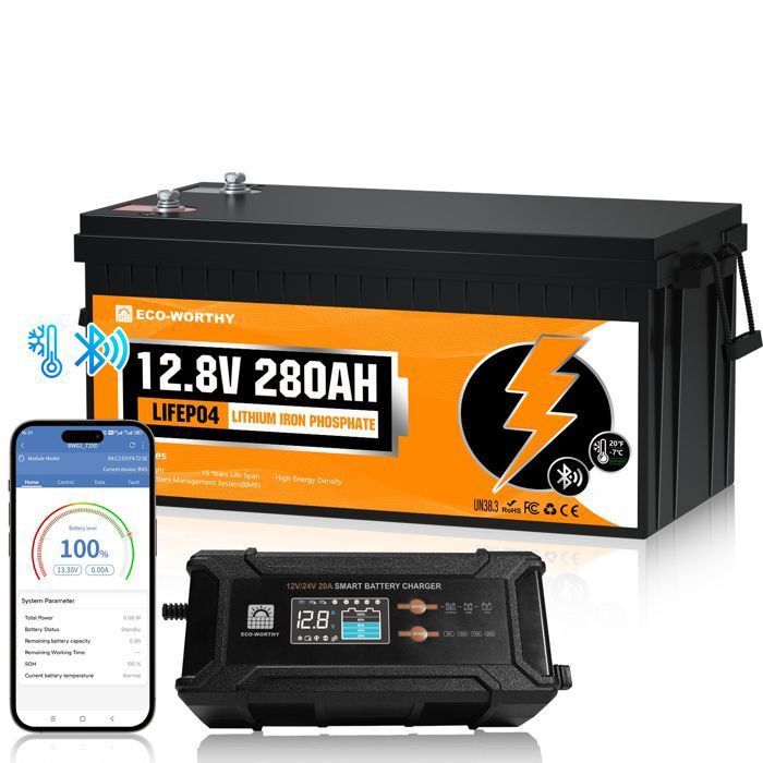 ECO-WORTHY 12V 280Ah Lithium LiFePO4 Battery with Bluetooth + 12V 20A / 24V 10A Battery Charger, Vehicle Battery for Motorhomes