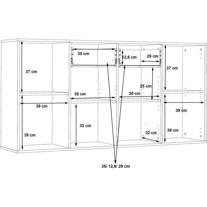 Buffet PILVI - Style contemporain - Particules mélaminé - Décor Chêne et noir - 4 portes + 2 tiroirs - L 162,3 x P 34,2 x H 81,7 cm