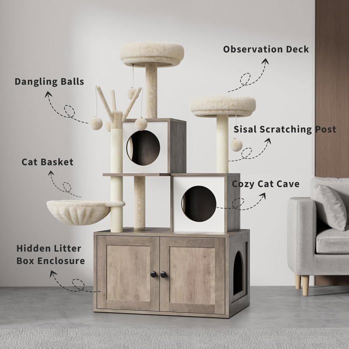 Arbre à Chat avec Maison de Litière, Meuble de Toilette en Bois avec Tour à Chat, Griffoir Perchoir, Plateformes - Gris