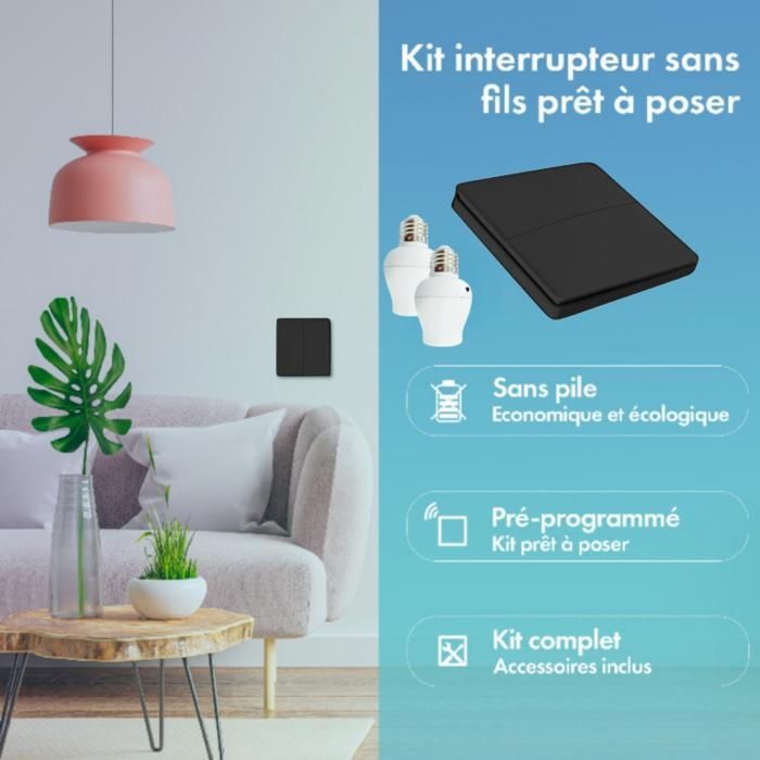 Kit de interruptor bidirecional sem fio e sem bateria - 6 botões de pressão pretos, ignição dupla + 2 soquetes de parafuso, receptor de rádio