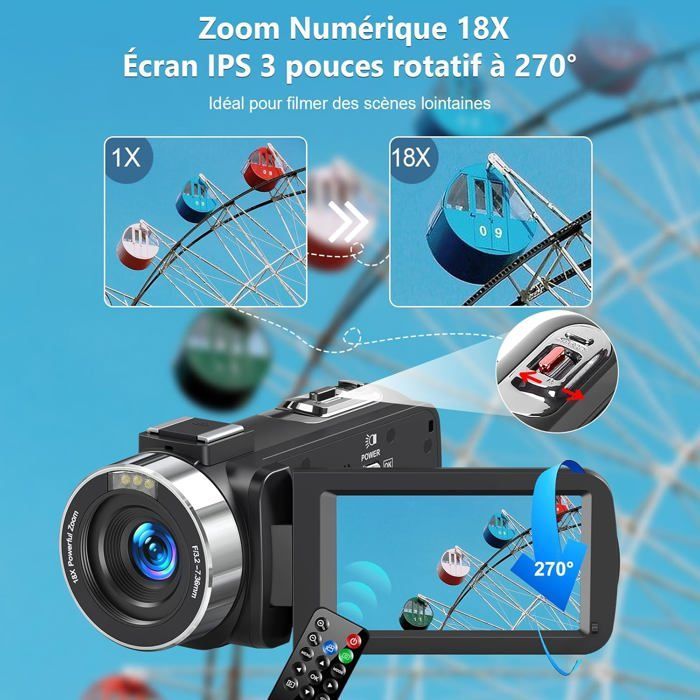 Videocámara 4K - ZGEER - 80 MP - Zoom digital 18x - Visión nocturna infrarroja - Pantalla IPS de 3 pulgadas - Cámara web