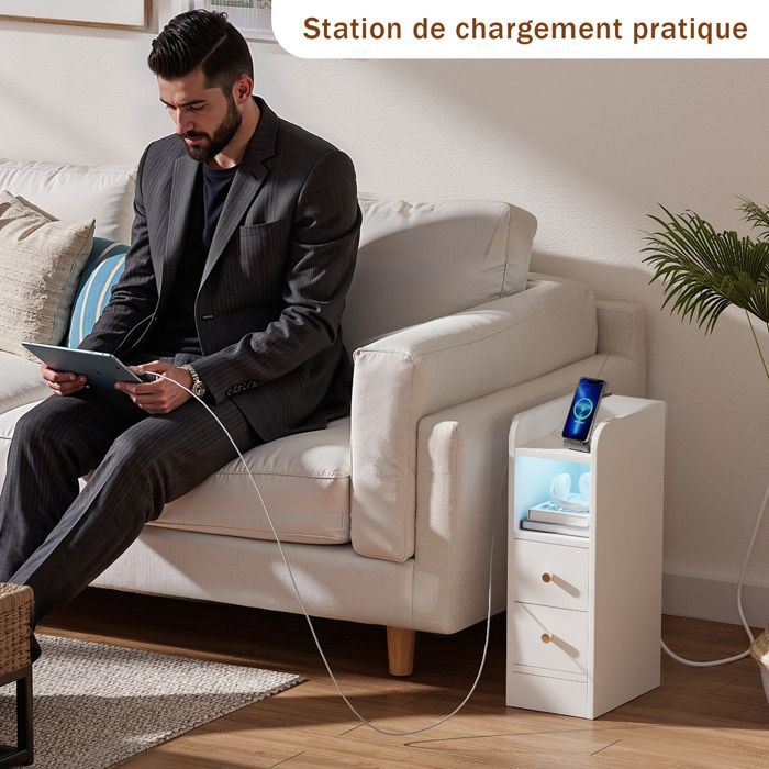 Table de Chevet Étroite 2 Tiroirs 4 Niveaux avec Prise Recharge 1AC/2USB et Lampe LED - Rangement pour Chambre 30x20x60 cm - Blanc