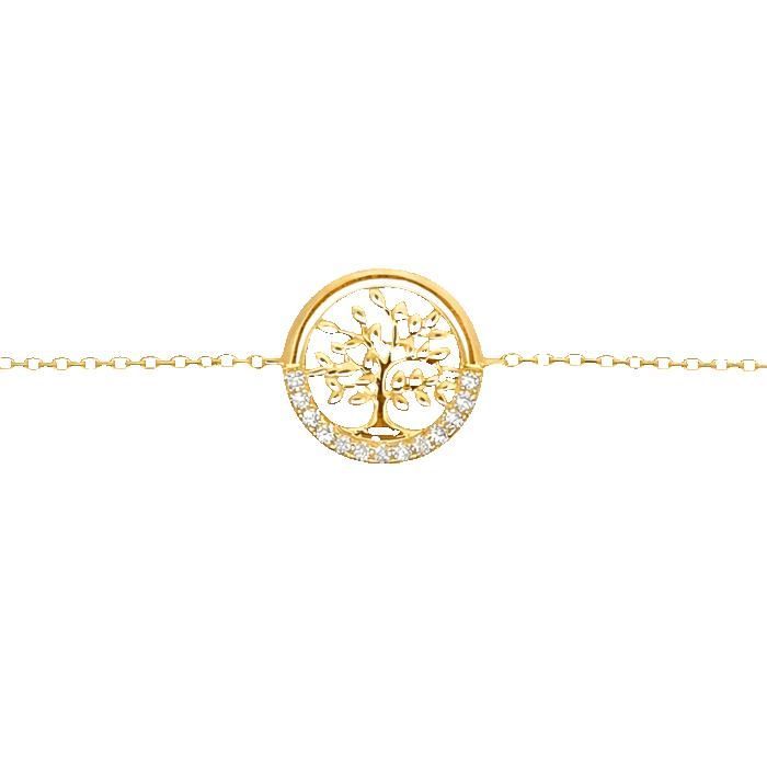 Bracelet ARBRE DE VIE Femme Plaqué Or 18 Carats & Zirconiums – Longueur Réglable 16,5-19,5cm – Bijou Poinçonné Cadeau Porte-Bonheur