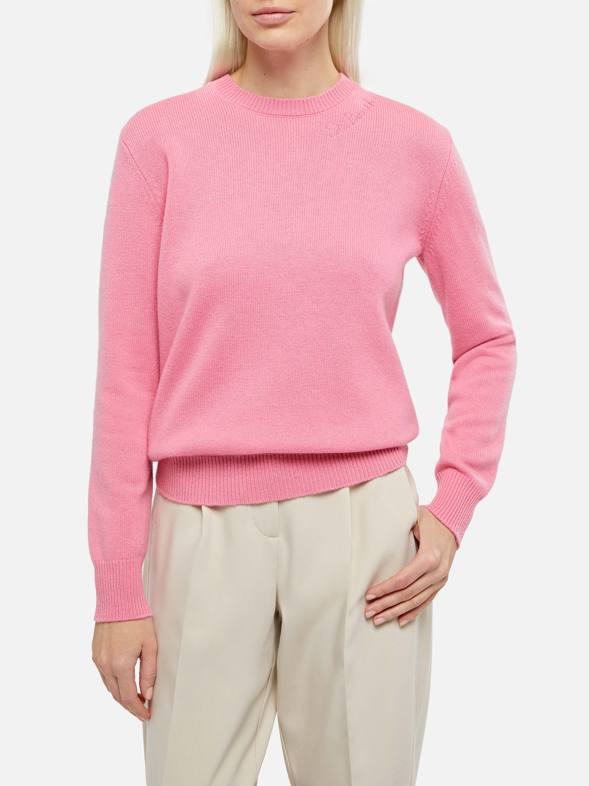 Jersey rosa de cuello redondo para mujer con bordado de San Bartolomé