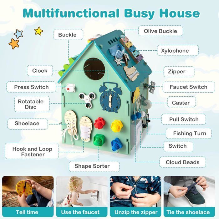 Casita de juegos infantil GOPLUS con muchos juguetes y espacio de almacenamiento, regalo creativo para niños de 3 años en adelante, azul.