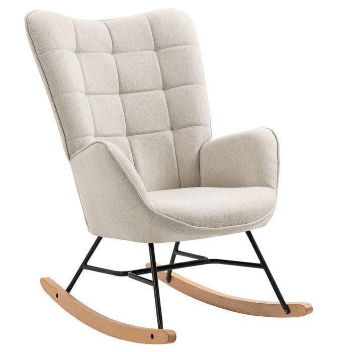 COSY FURNITURE Poltrona a dondolo scandinava per allattamento con braccioli in tessuto beige con cuciture a vista - FUNKEL