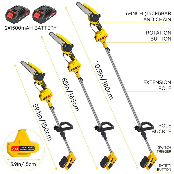 Mini-kettingzaag - FLASIDU - 15 cm - 2 x 21V 1500mAh accu's - 550W - Borstelloze motor - Uitschuifbare steel van 30 cm tot 180 cm