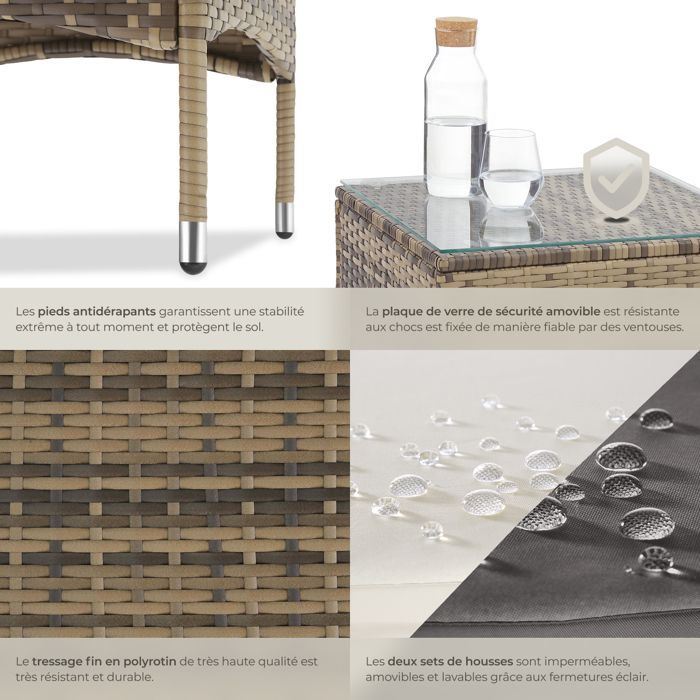 Muebles de jardín - TECTAKE - Conjunto de salón de exterior LUCERNE para 2 personas con mesa y 2 fundas - Marrón natural