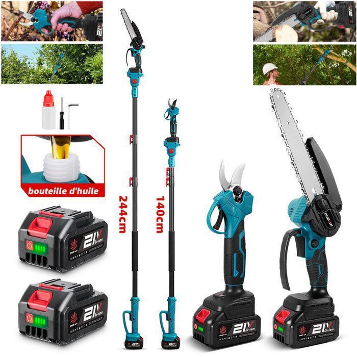 ONEVAN 8-inch Pole Chainsaw, Cordless Electric Pruner, 108-201 cm Telescopic Pole, 2 x 3000mAh Batteries
