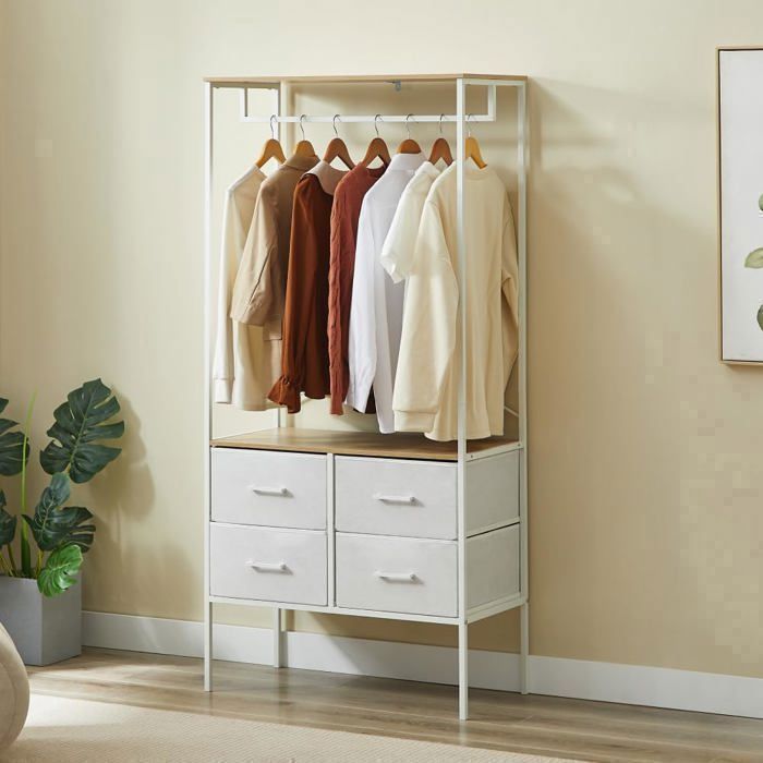 Armario CASABEL, mueble con 4 cajones, perchero, vestidor, armario, madera y metal blanco, 80×40×167 cm