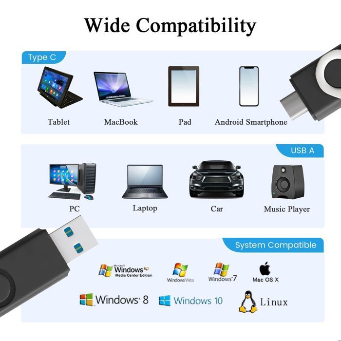Clé USB 128 Go REWBOAT V3.0 - 2 en 1 + Type C - 130Mo/s Vitesse de Lecture Noir Lot de 2