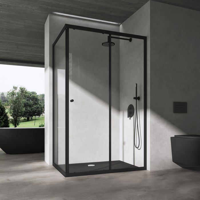 Mampara de ducha esquinera doporro con puerta corredera, perfiles negros, cristal de seguridad con revestimiento NANO, 80x120 cm, Ravenna16L-K