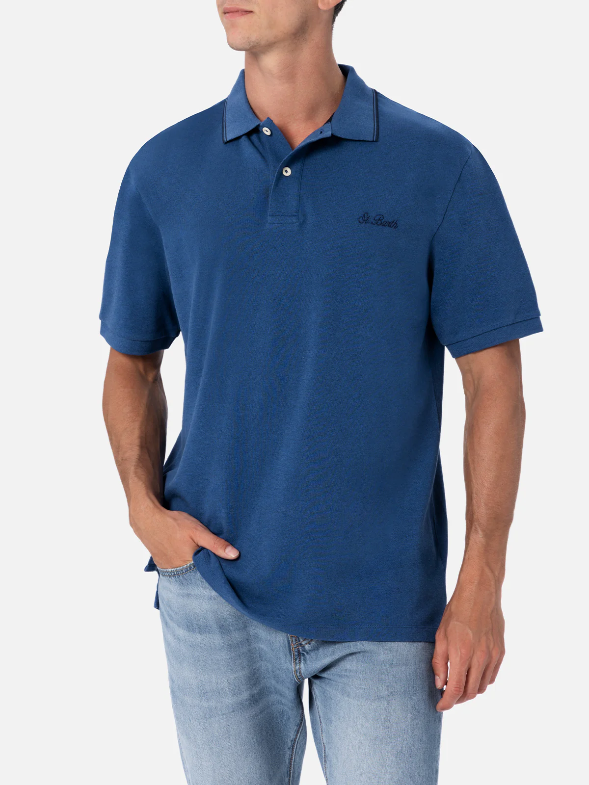 Herenpolo van Beverly Hills denimblauw katoenpiqué