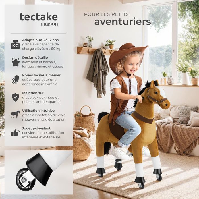 Juguete infantil - TECTAKE - Caballito balancín con ruedas, poliéster y acero, 34 x 89 x 100 cm - Marrón claro