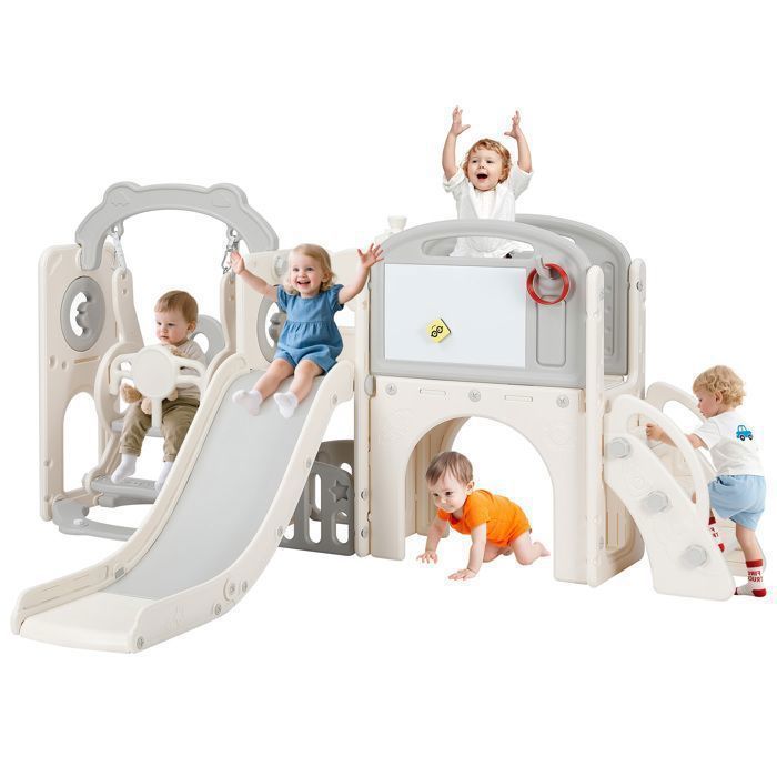 Toboggan et Balançoire Enfant, 9 en 1 Toboggan avec Balançoire,Télescope, Escaliers, Lancer d'anneaux, Panier de Basket, Beige gris