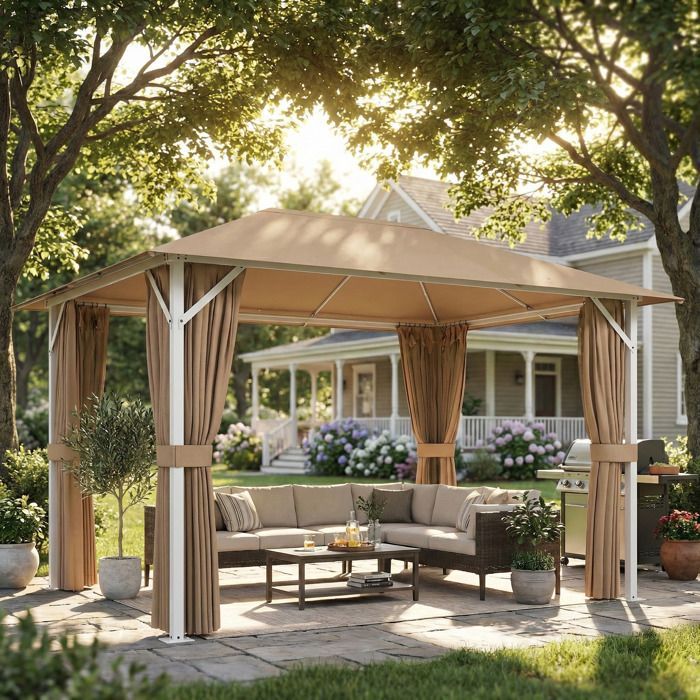 Gazebo da giardino - padiglione - struttura in metallo stabile da 60 mm, protezione UV50+, e 10 fori di drenaggio - poliestere - 394x294x255 cm - kaki