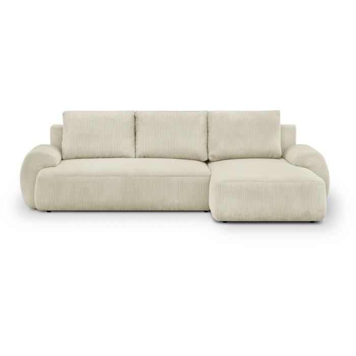 Sofá cama esquinero derecho MILO de 4/5 plazas - Pana beige - Compartimento de almacenamiento - Ancho 264 x Alto 84 x Profundidad 99/145 cm