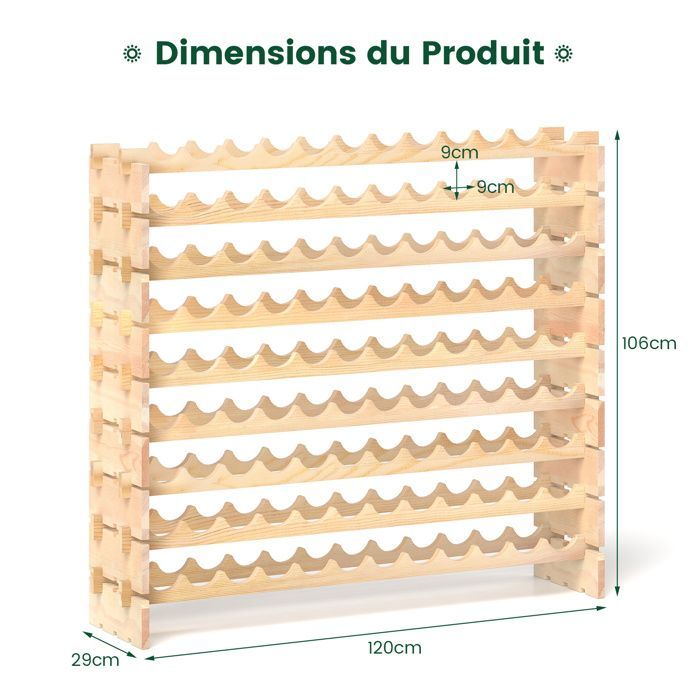 Botellero modular COSTWAY con 9 estantes para 108 botellas, botellero y soporte para botellas de madera de pino, 120 x 29 x 106 cm