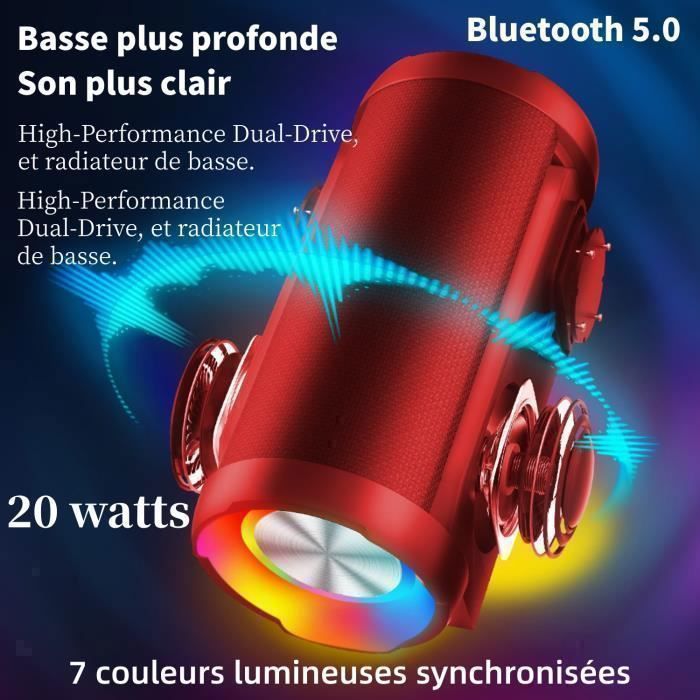 Tragbarer Bluetooth-Lautsprecher – Kabelloser Bluetooth-Lautsprecher – Wasserdichter, wiederaufladbarer Reise-/Party-Lautsprecher – 20 Stunden Wiedergabezeit – Mikrofon mit Geräuschunterdrückung – LED