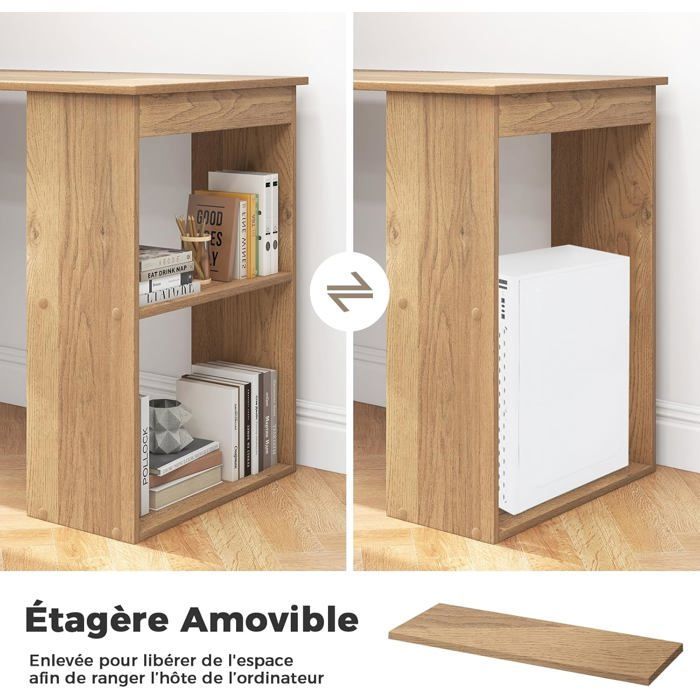 Escritorio para ordenador COSTWAY con estantería, mesa de ordenador de 75 cm de altura con 6 estantes de almacenamiento, color natural.