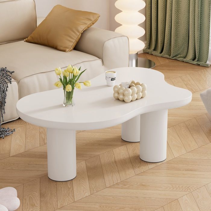 Mesa de centro lacada con forma de nube irregular, estilo crema, mesa auxiliar minimalista moderna para sofá, 107x66x40,5 cm, blanca.