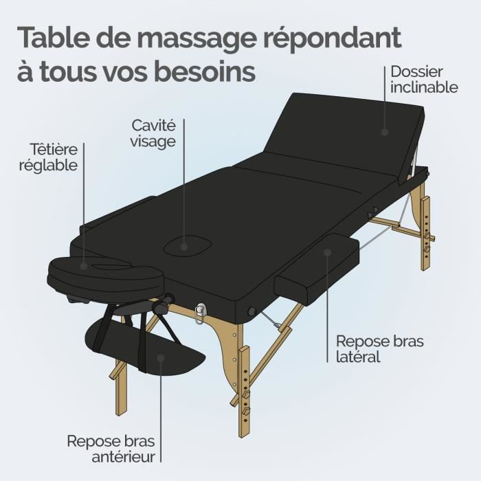 Lettino da massaggio in legno pieghevole a 3 sezioni da 15 cm con pannello Reiki + accessori e custodia per il trasporto - Nero - Vivezen