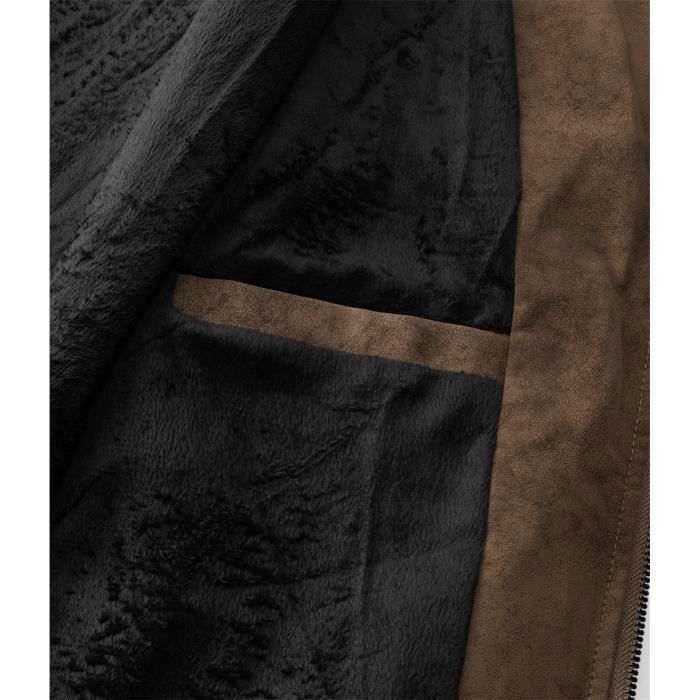Chaqueta de moto para hombre de piel sintética con forro polar doble cálido para otoño e invierno - Marrón