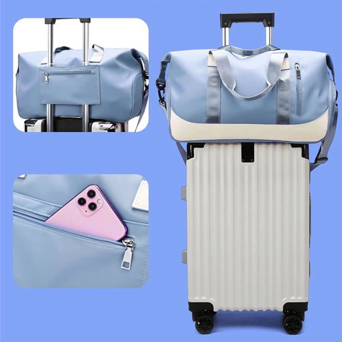 Large capacity sports bag with shoe compartment, wet pocket and trolley sleeve for women and men
