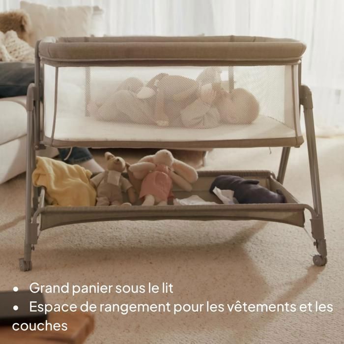 Lit cododo bébé 3en1 LIONELO Luna - Berceau - 4 x Roulettes - Matelas inclus - Hauteur et inclinaison réglables - Beige