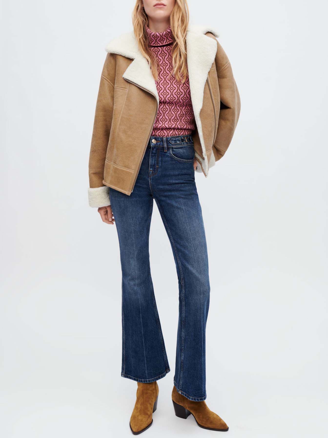 Palton din shearling bicolor, culoarea cămilei