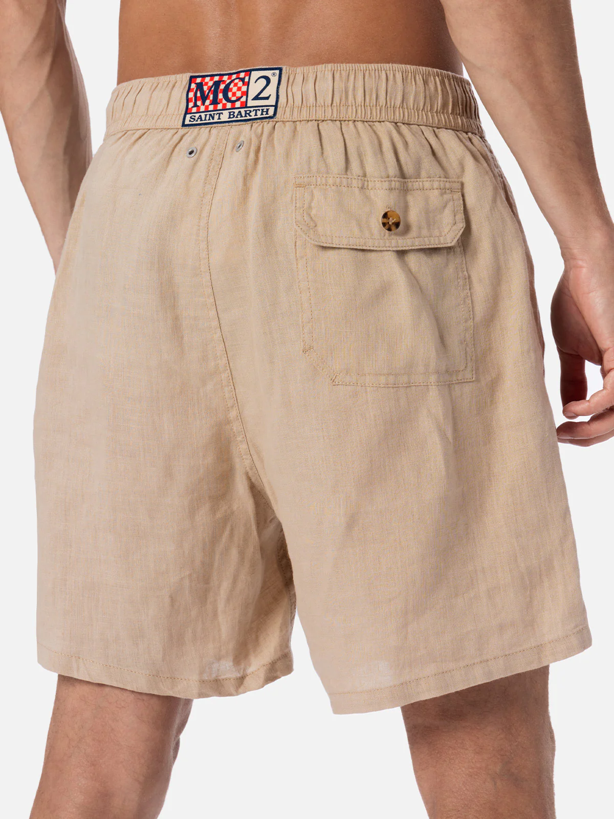 Gustavia herenbadpak van beige linnen, middellang model