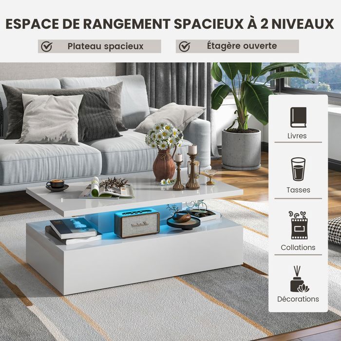 COSTWAY 2-laags verlichte salontafel, instelbare LED-lichtkleuren, instelbare helderheid, afstandsbediening, glanzend wit