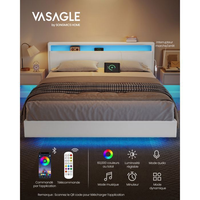 Struttura letto matrimoniale VASAGLE, 160 x 200 cm, letto sospeso, letto con illuminazione a LED, testiera alta, multipresa, bianco