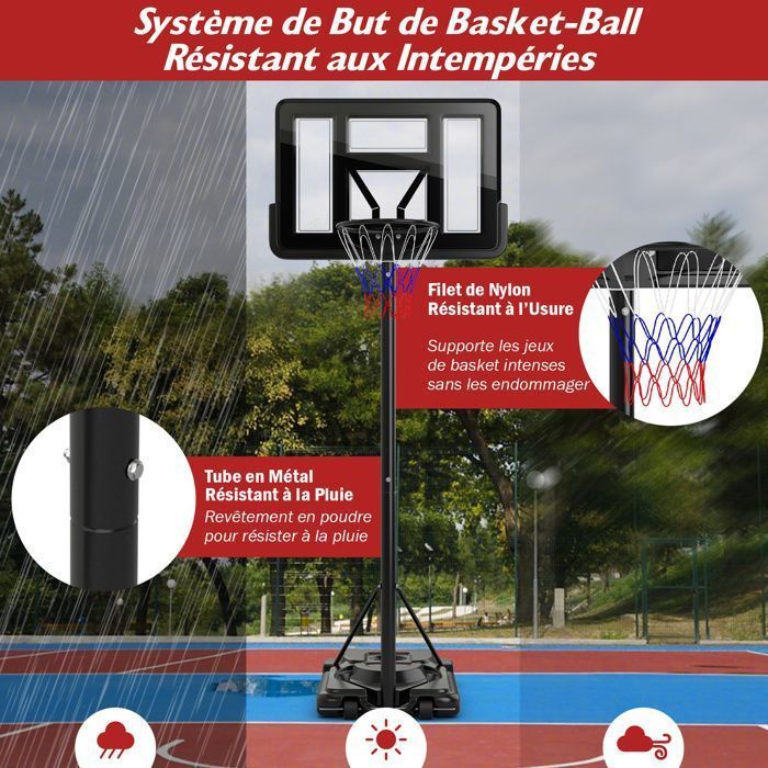 Aro de baloncesto independiente para adultos COSTWAY - 12 niveles, alturas de 2,32 a 3,05 m - Tablero irrompible de 110 cm - Almacenamiento de balones