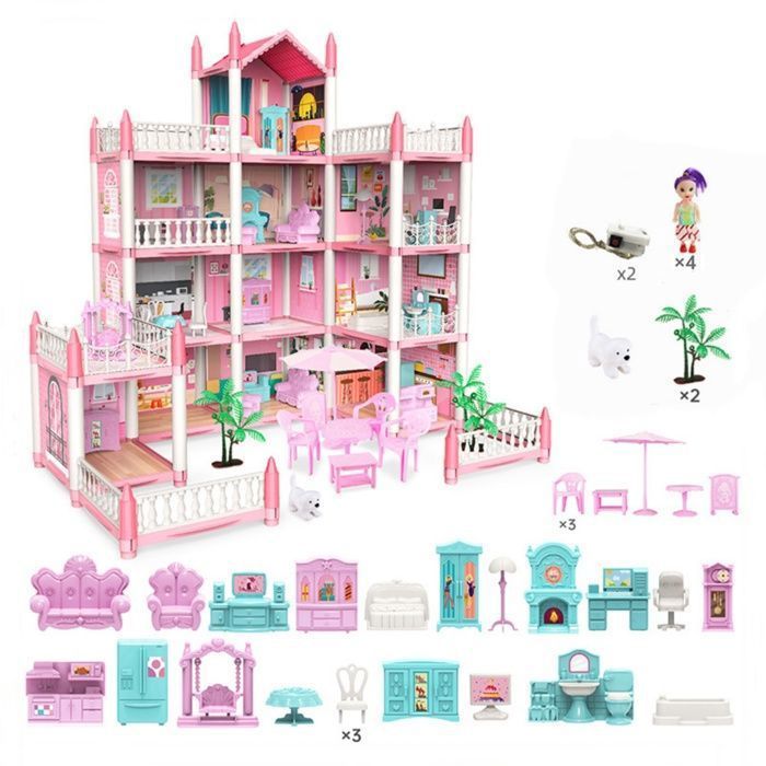 Casas de muñecas para niñas con muebles y decoración, 11 habitaciones, 4 figuras, 4 pisos, luces, regalo DIY para